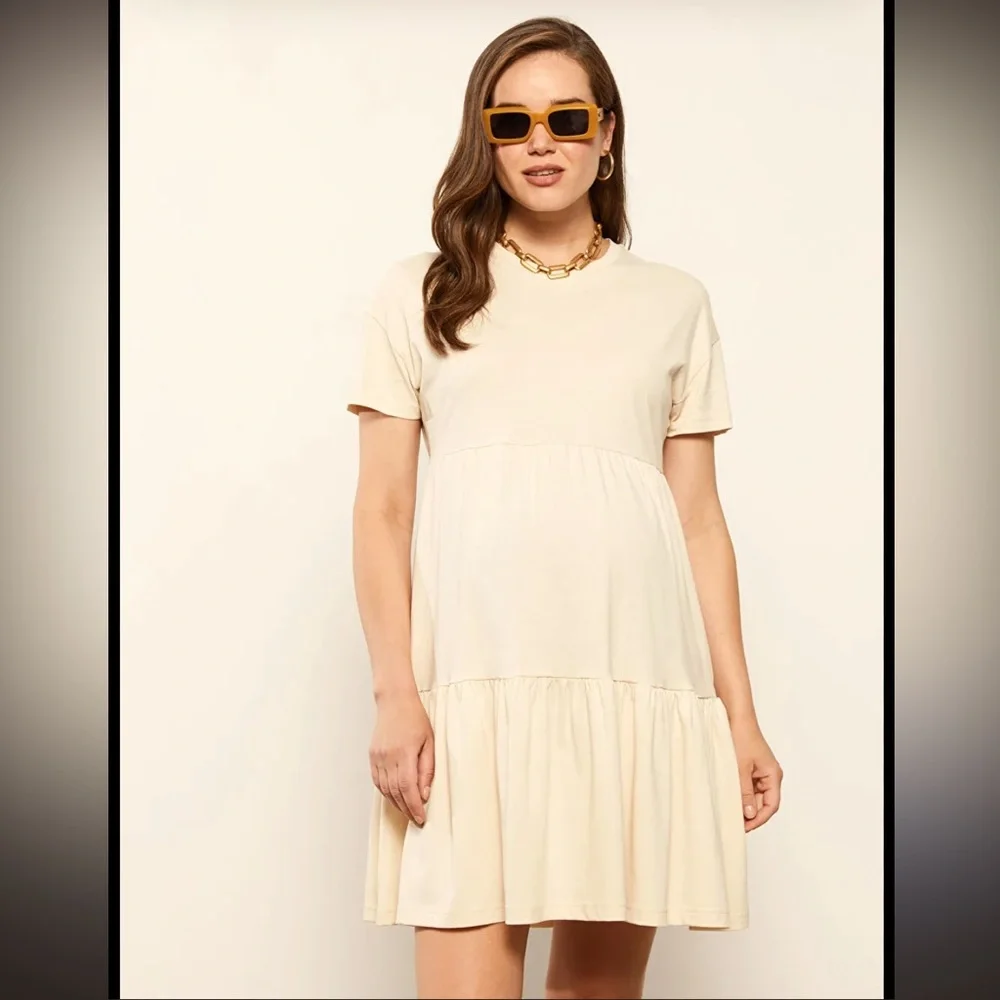 The Native One dress - cream 100% cotton tiered mini dress w/pockets - Picture 1 of 9